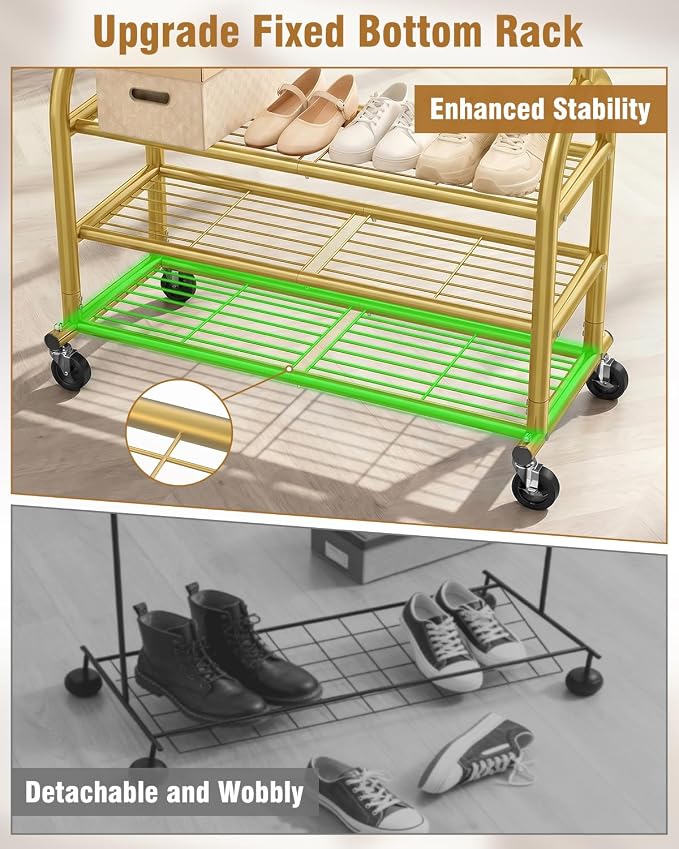 EAGMAK Heavy Duty Clothes Rack for Hanging Clothes Load 688 LBS, Height Adjustable Rolling Clothing Racks, Portable Metal Coat Rack Garment Wardrobe with Wheels and 3 Shelves for Bedroom, Gold