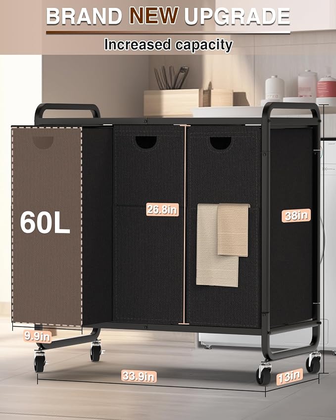 Laundry Sorter 3 Section,Laundry Basket with Wheels,3×15.8 Gal (60L) Black | Laundry Room Organization with Wooden Desktop Shelf,Pull-Out and Removable 900D Oxford Fabric Laundry Bags for Laundry Room
