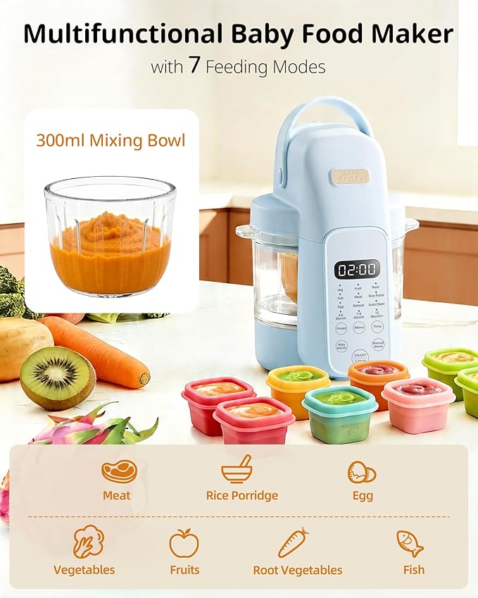 SosekiBaby Tutto Baby Food Maker with Glass Bowl One Step Baby Blender-Food Processor and Steamer Puree Grinder 316L Stainless Steel Blades Auto Cooking & Easy Cleaning-BPA-Free Blue