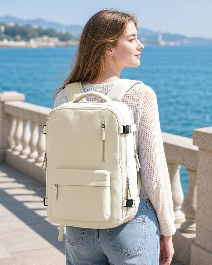 WONHOX Vacuum Seal Backpack for Travel with Air Pump 18x14x8 inches Vacpack Carry on Flight Approved Compression Daypack Laptop Space Saver Bag Storage with Vacuum System Travel Bags Women Beige