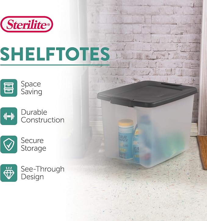 Sterilite 19373V06 50 Quart / 47 Liter Shelf Tote, Clear Base with Flat Gray Lid and Latches, 6-Pack | Clear Bins with Gray Lids - Stackable Organizing Container Boxes for Closet, Bathroom, and Office