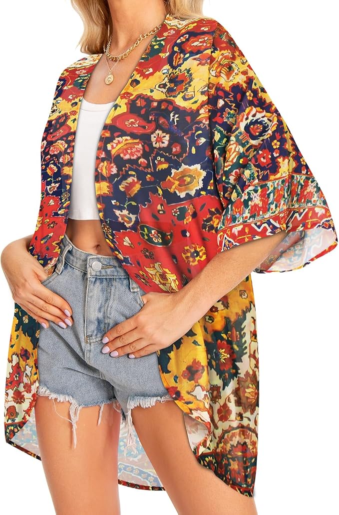 Women Kimono Cardigans Summer Cover Up Hawaiian Shirts Floral Print Tops | ROSEMIA chiffon kimono open front cardigans, beach cover ups, daily casual tops, cruise outfits, summer resort wear