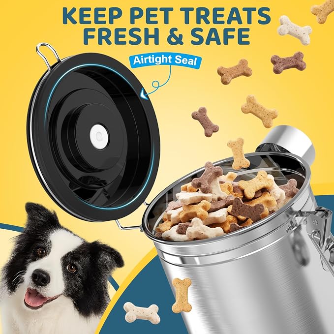 ENONCI Dog Treat Container Airtight,8.2"x5.9" Stainless Steel Cat Treat Jar for Kitchen Counter with Scoop, Pet Storage for Fresh Dog Cookie