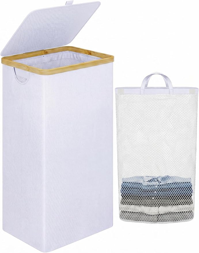 IEGrow Laundry Hamper with Lid,110L Laundry Basket with Mesh Bag,White | Dirty Clothes Hamper Basket with Bamboo Handle for Clothes Towels Organization