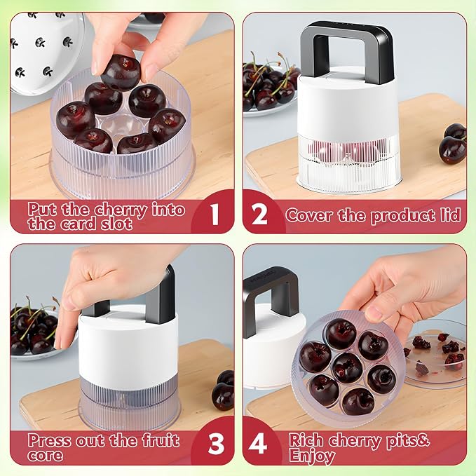 7-in-1 Cherry Pitter Tool,1.5" Extra Large Slots Making Cherry Jam | Food Grade Multi-Fruit Corer with Anti-Splatter Guard, Upgraded Easy Push Seed Remover,Dishwasher Safe