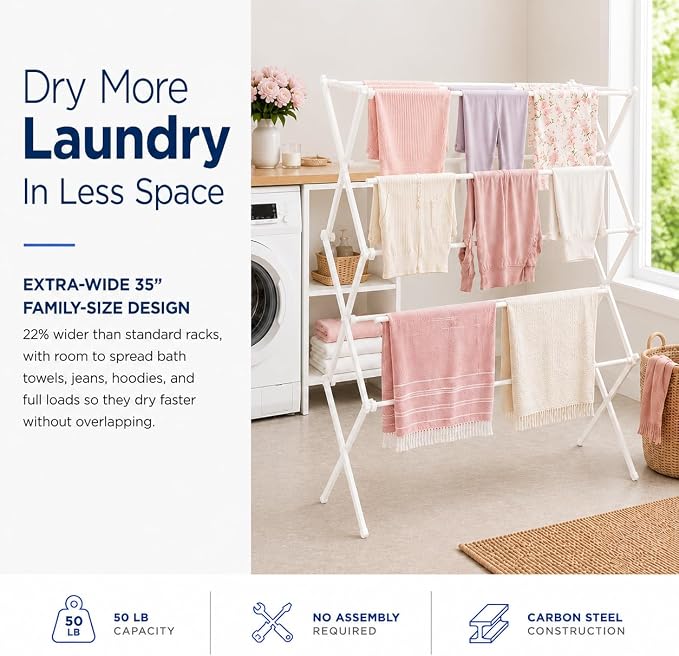 Honey-Can-Do Oversized Clothes Drying Rack, Extra-Wide 35", 50 lb, White | Fits family-size loads of towels, jeans & hoodies; rust-resistant coated steel; folds flat; indoor/outdoor; energy-saving