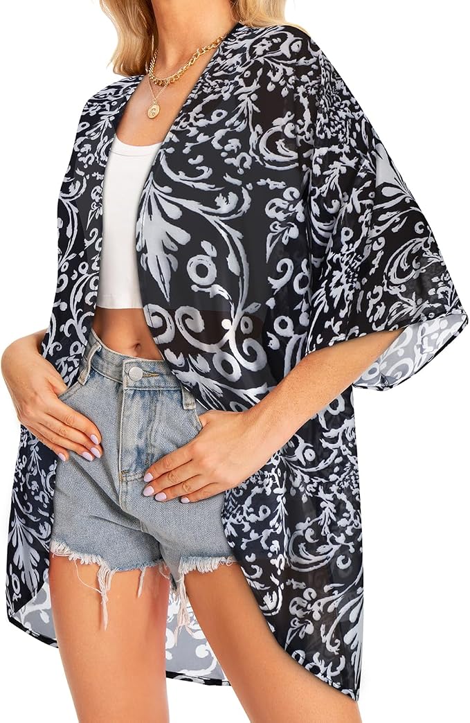 Women Kimono Cardigans Summer Cover Up Hawaiian Shirts Floral Print Tops | ROSEMIA chiffon kimono open front cardigans, beach cover ups, daily casual tops, cruise outfits, summer resort wear