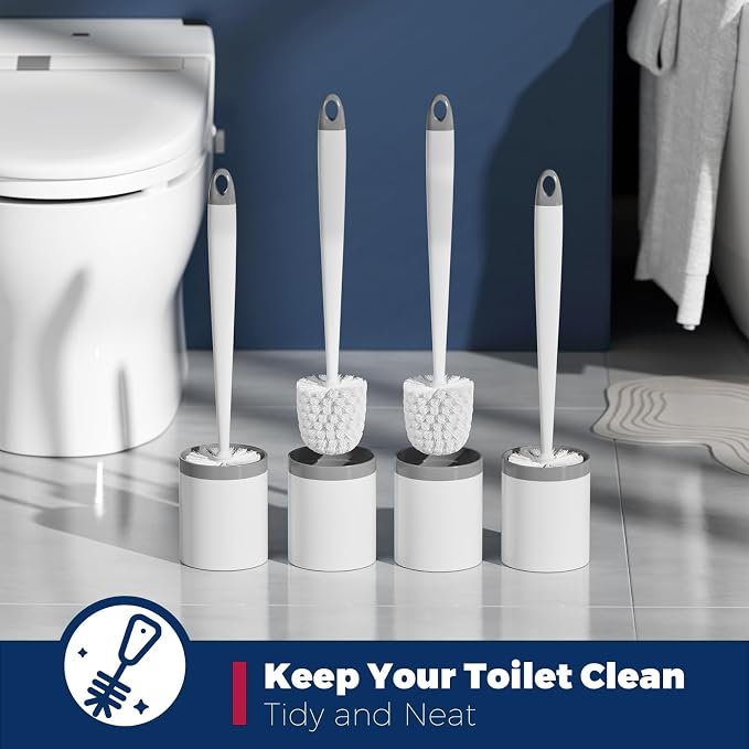 Holaloha Toilet Brush, 4 Pack Toilet Brush and Holder Set, Compact Bathroom Accessories for Toilet Bowl Cleaning and Space Saving, White