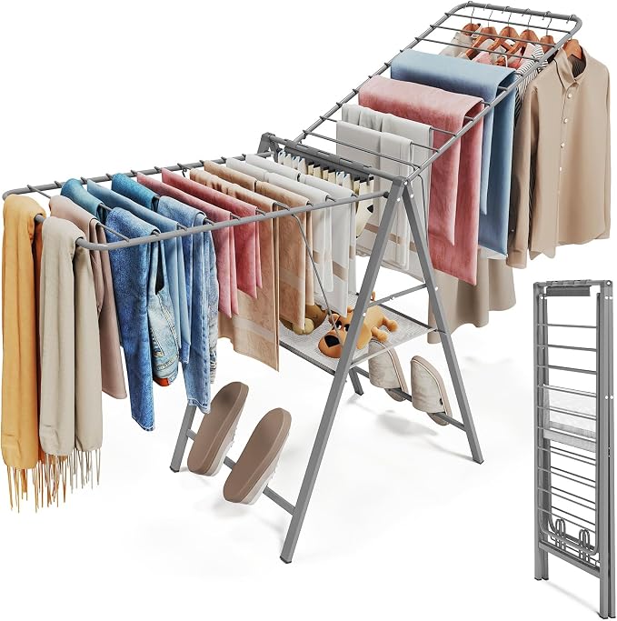 APEXCHASER Clothes Drying Rack, 67.7" L Height Adjustable, Foldable, Grey | 1.5"Folded, No Assembly, Space-Saving, Spacious Design, Adjustable Wings, Clips, Mesh Shelf, Shoe Rack, Indoor & Outdoor Use