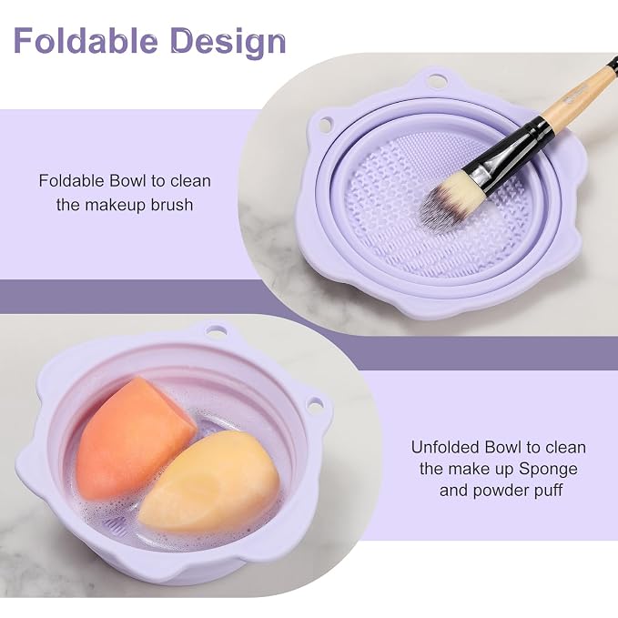 Foldable Silicone Makeup Brush Cleaner Bowl | Portable Cleaning Tool For Brushes, Powder Puffs, Sponges (Purple)