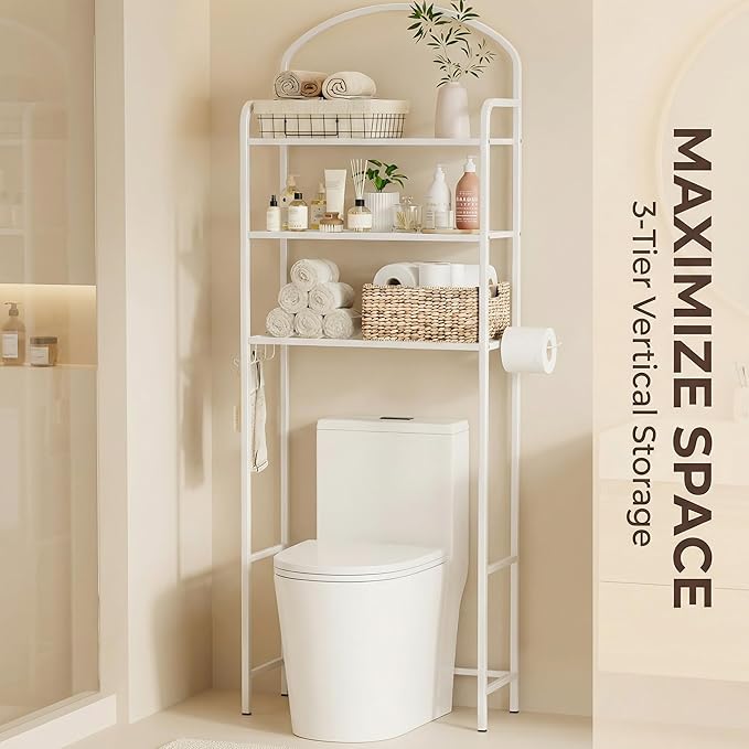 Over The Toilet Storage Rack, 3 Tier Bathroom Organizer with 4 Hooks & Paper Holder, Space Saver Metal Shelf for Bathroom Supplies, White Toilet Rack
