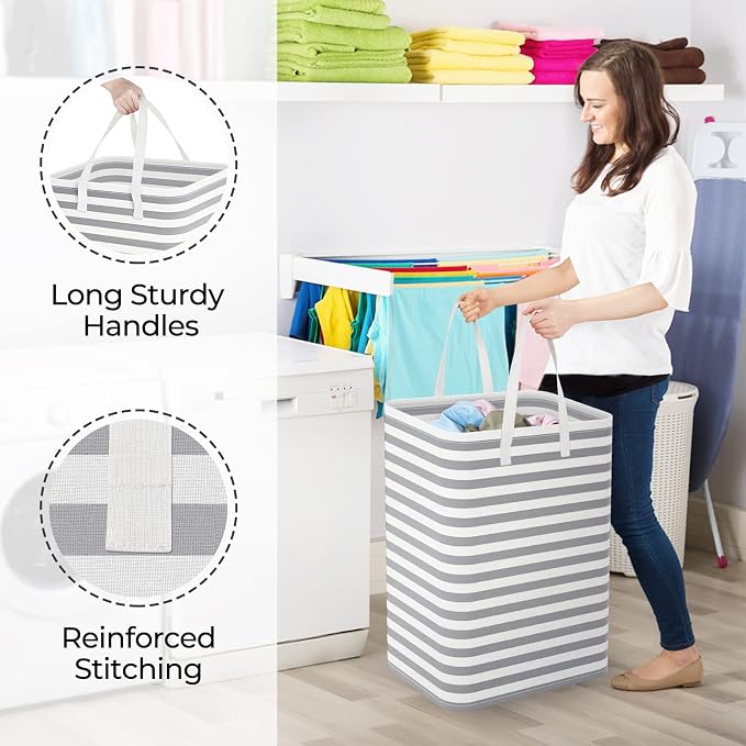 StorageRight Laundry Basket Hamper, 75L Clothes Storage, Striped Grey | Freestanding Clothes Hampers, Foldable design, with Easy Carry Handles, For Laundry, Bedroom, Dorm, Clothing, Towels, Toys