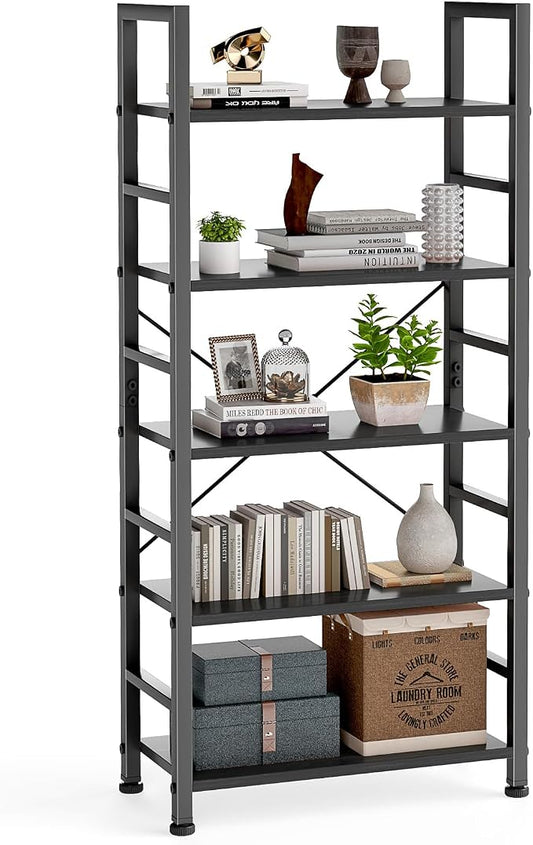 DUMOS 5 Tiers Open Bookshelf, Classic Freestanding Tall Display Shelf | Multifunctional Storage Organizer Rack for Living Room Home Office, Sturdy Bookcase for CDs/Books/Movies, Modern Black