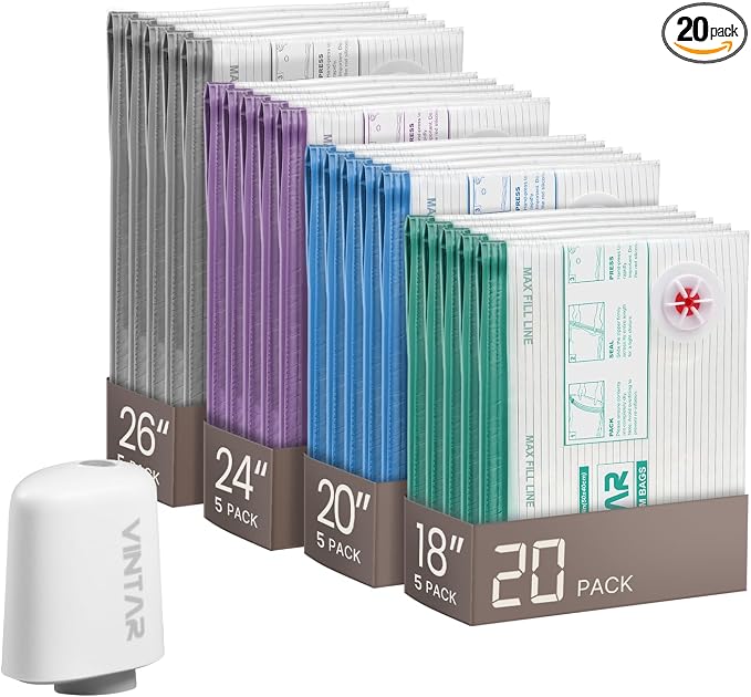VINTAR 20 Pack Vacuum Storage Bags for Travel with Cordless Pump, Color | USB Rechargeable Pump, 4 Sizes Compression Bags Set, Vacuum Seal Bags for Clothing Travel Luggage Bedding, Space Savered