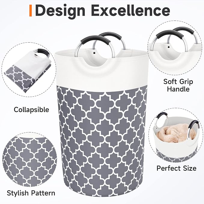 Large Laundry Basket 115L Tall Collapsible Hamper with Handle for Dorm Grey | Freestanding Laundry Hamper, Waterproof Dirty Clothes Storage Bag for College, Bathroom, Foldable Washing Bin for Travel