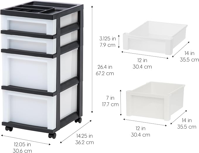 IRIS USA 4-Drawer Rolling Storage Cart with Organizer Top, Black/Pearl | Keep craft supplies, office essentials, classroom items, and accessories organized with easy-access drawers for daily use