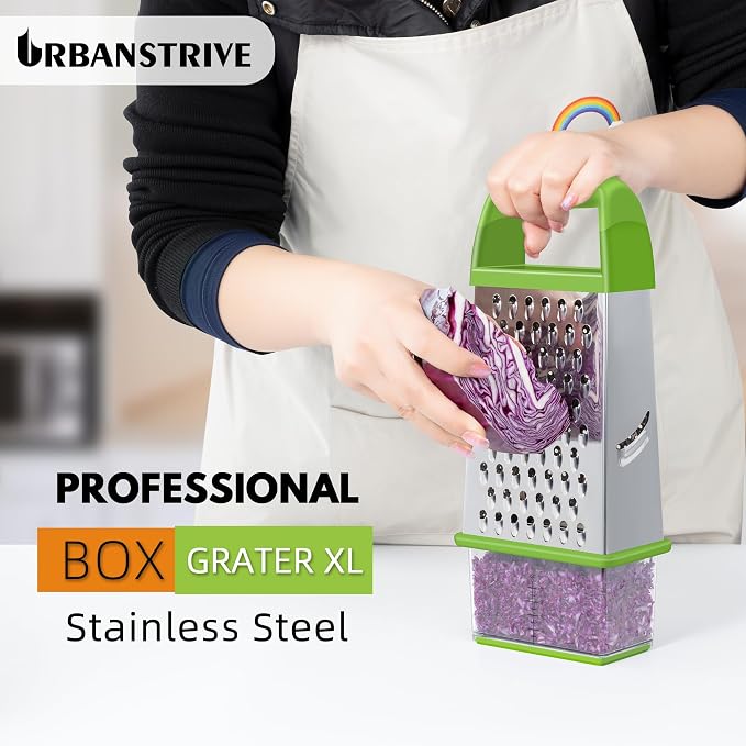 Urbanstrive Cheese Grater With Container, Professional Cheese Grater with Handle, Stainless Steel Graters for Kitchen Handheld, Box Grater with 4 Sides for Vegetables, Ginger, Potatoes (Green)