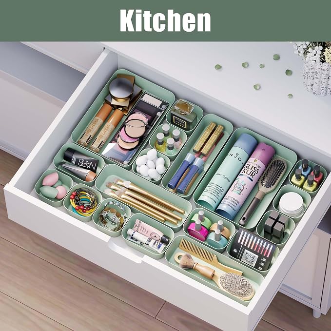 Drawer Organizers Bins 10 PCS for Bathroom Makeup Desk Office | with Non-slip Pads, 3 Sizes, Plastic Tray, Vanity Organizer, Kitchen Utensils Organizer