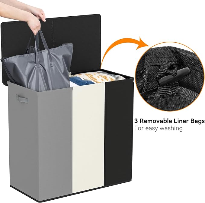 WOWLIVE 180L Laundry Hamper 3 Section, Large Laundry Basket with Lid | Dirty Clothes Hampers with Removable Bags and Handles, Collapsible Laundry Basket Organizer for Dorm Room, College