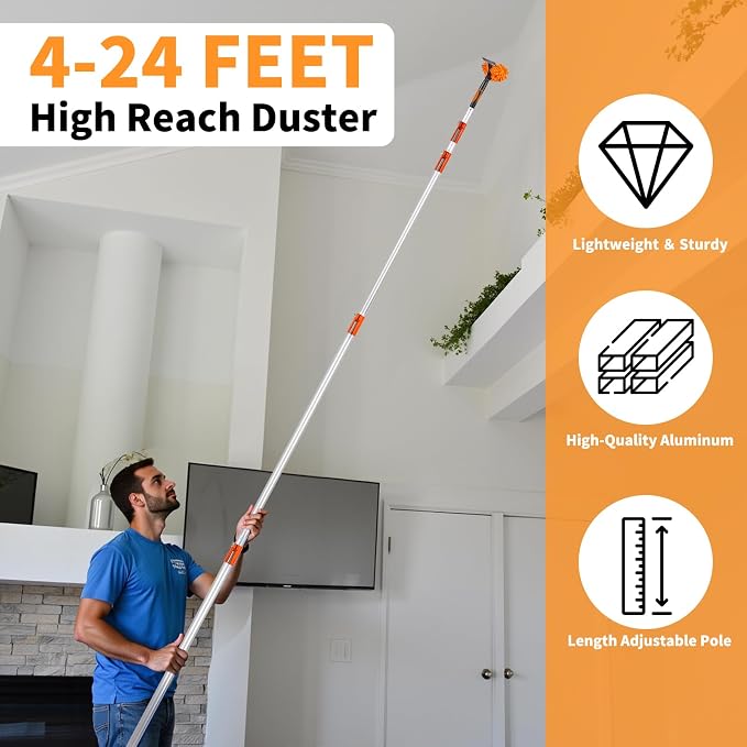 4-24 Ft High Reach Window Washing Kit with Extension Pole, Window Squeegee & Microfiber Scrubber, Ceiling Fan Duster & Feather Duster for High Ceiling, Furniture & Home Cleaning