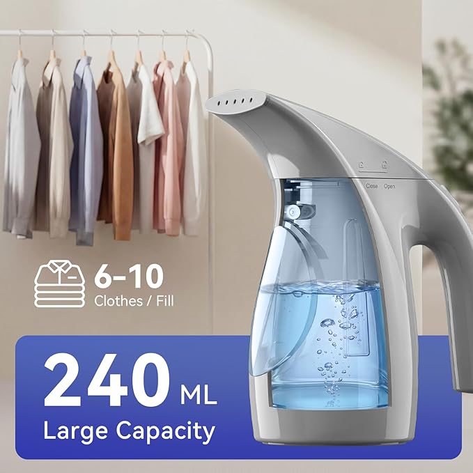 HiLIFE Steamer for Clothes, Portable Handheld Garment Wrinkle Remover, 240ml Big Capacity, 700W, Strong Penetrating Steam, for Home, Office and Travel, ONLY FOR 120V, Silver Gray