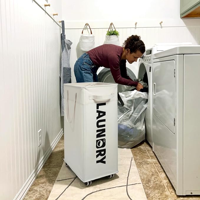 CHICVITA 75L Collapsible Laundry Hamper with Wheels & Wash Bag, White | Easy-carry handle, removable wash bag for dorms. Clothes laundry basket rolls smoothly on wheels