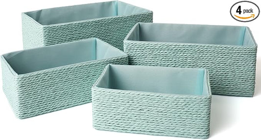 Storage Baskets Set 4 - Stackable Woven Basket Paper Rope Bin, Storage Boxes for Makeup Closet Bathroom Bedroom (Light Green)