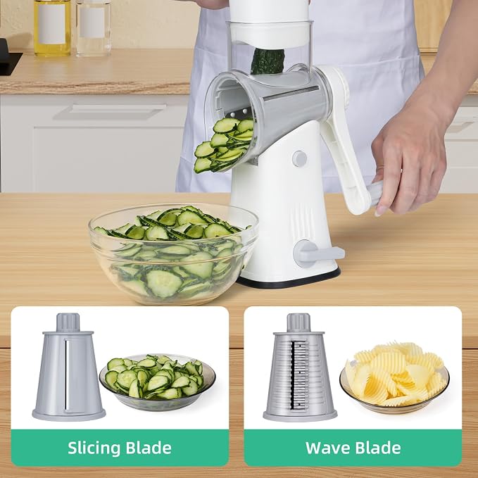 5 in 1 Rotary Cheese Grater, Manual Hand Crank Cheese Grater With Reinforced Suction & 5 Interchangeable Blades, Multifunctional Cheese Shredder, Easy to Use and Clean, White