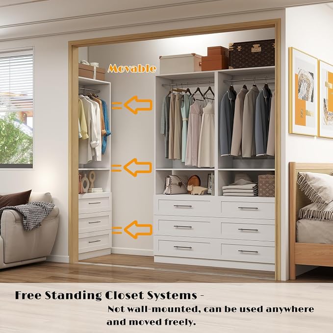 Dilando Closet System with 6 Drawers 4FT-10FT Closet Organizer System Walk-in Closet Freestanding Modular Custom Corner Closets Storage with 4 Hanging Rods & 2 Shelf White (4FT)