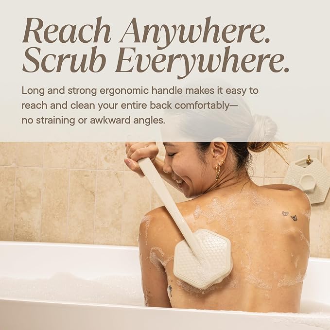 TOOLETRIES Silicone Back Scrubber for Shower, Bath Brush - Sand | Long ergonomic handle and non-slip grip make exfoliating hard-to-reach areas simple and comfortable.