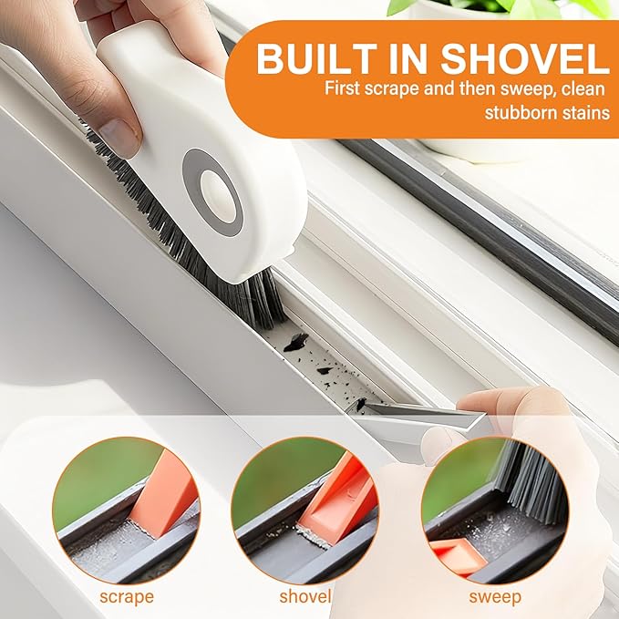 2 in 1 Window Track Cleaning Brush, 2026 New Groove Crevice Cleaning Tool, Multifunctional Hard Bristle Grip Brush with Hidden Scraper, Gap Scrub Brush for Sliding Door, Window Sill (1Pc-Orange)