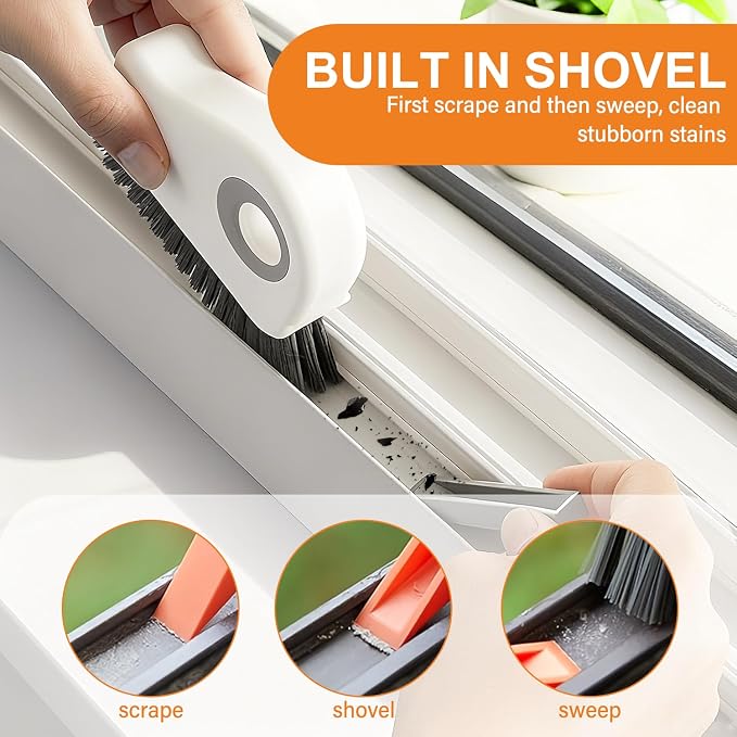2 in 1 Window Track Cleaning Brush, 2026 New Groove Crevice Cleaning Tool, Multifunctional Hard Bristle Grip Brush with Hidden Scraper, Gap Scrub Brush for Sliding Door, Window Sill (1Pc-Grey)
