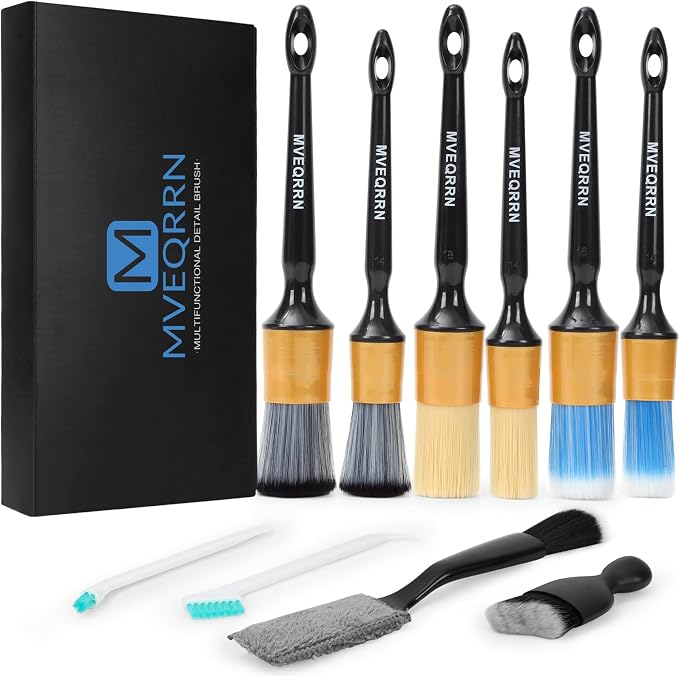 MVEQRRN 10PCS Car Detailing Brush Set,Boars Hair Detail Brush Kit(Gold) | Ultra Soft No Scratch, Car Dust Brush,Car Detailing Brushes Kit, Detail Brushes Car Detailing for Interior Exterior