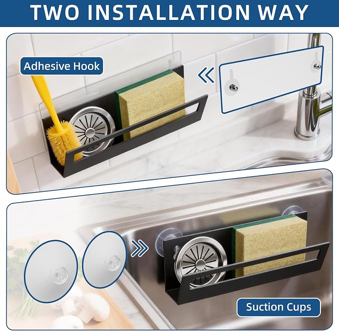 Epicano Sponge Holder for Kitchen Sink | with Suction Cups & Adhesive Hook, Rustproof, Space-Saving Wall Hanging, Stainless Steel, For Sponge, Dish Cloth, Brush
