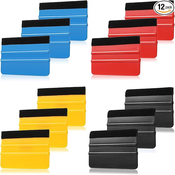 Frienda 12 Pieces Plastic Felt Edge Squeegee Tool Vinyl 4 Inch Felt Squeegee Applicator Tool Scraper Tool with Soft Cloth for Car Vinyl Wrap, Window Tint, Wallpaper, Decal Sticker