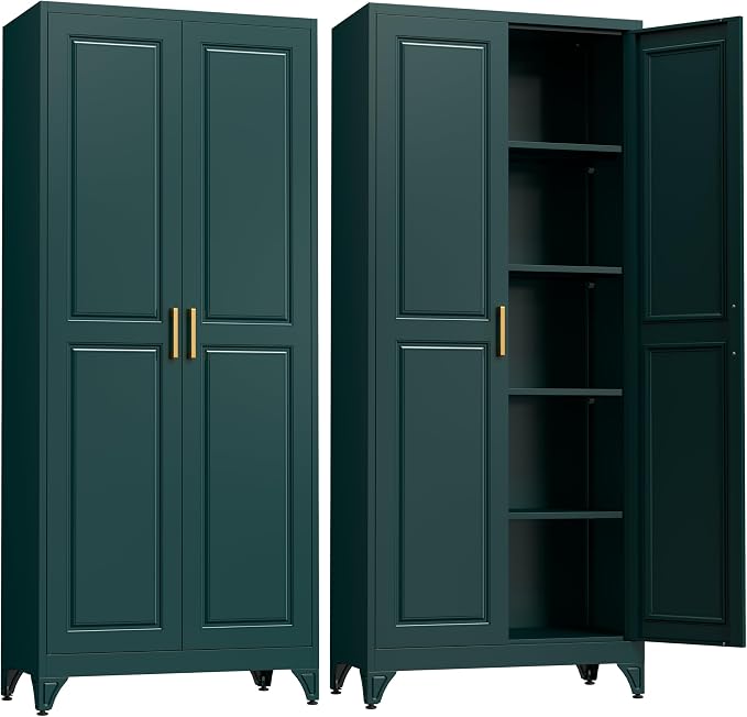 SteeLoong Kitchen Pantry Cabinet,75" Green Metal Storage Cabinets with Doors and 4 Adjustable Shelves,Kitchen Cabinet with 2 Gold Handles,Tall Cabinet for Livingroom,Pantry, Bathroom