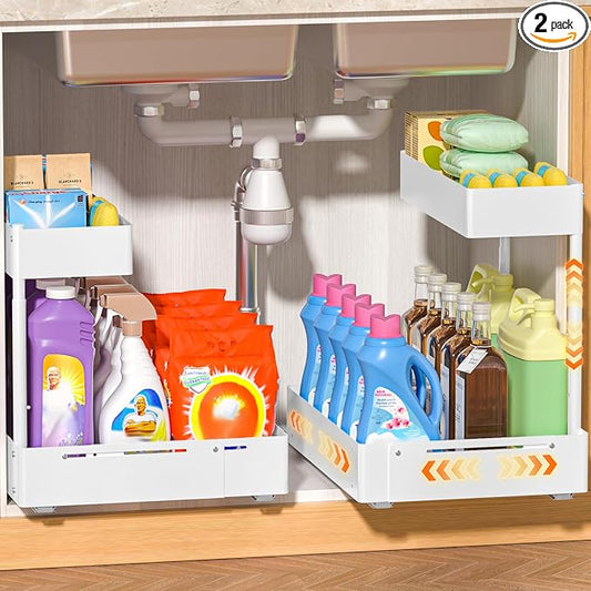 YJHome 2 Pack Expandable Under Sink Organizer, 2 Tier Pull Out Cabinet Organizer with Smooth Ball Bearing Slides, Adjustable Height Cabinet Storage Shelves for Kitchen, Bathroom, Laundry, Pantry