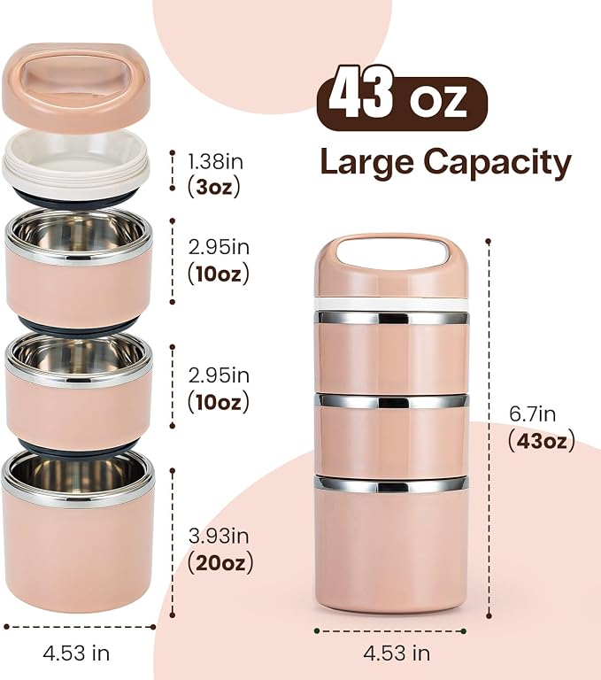 Lille Home Stackable Stainless Steel Thermal Compartment Lunch/Snack Box, 3-Tier Insulated Bento/Food Container with Lunch Bag and Three Extra Seals, 43OZ (Gold)
