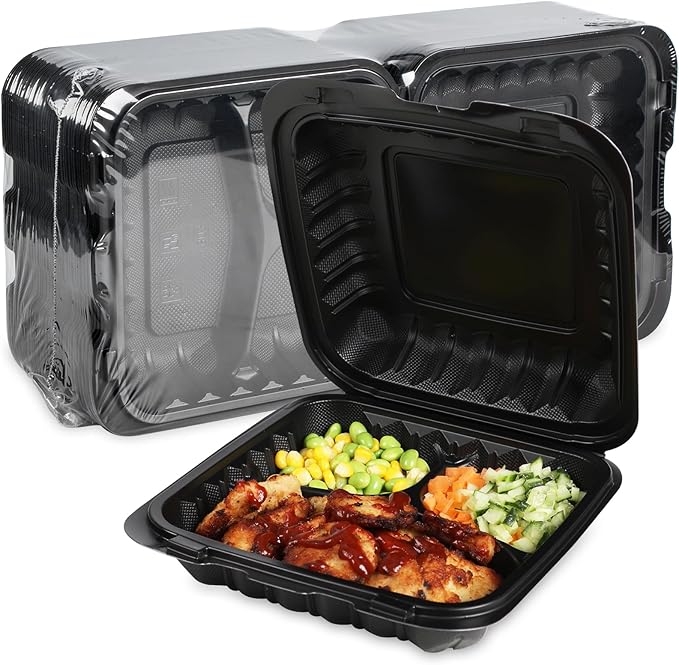 55-Pack 34oz 8x8 Black To Go Boxes - Shrink Wrapped Ready To Use | 3-Compartment MFPP Clamshell Container | Heavy Duty BPA Free, Microwave Safe | Takeout Box for Meal Prep, Leftover & Party