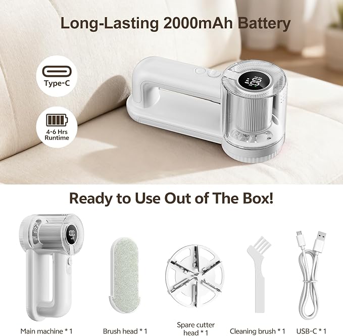 Rechargeable Fabric Shaver, 2-in-1 Lint Remover with 6-Blade | For sweaters, blankets, coats and cloth upholstery, with 200ml container, LED display, USB-C charging and 3 speeds