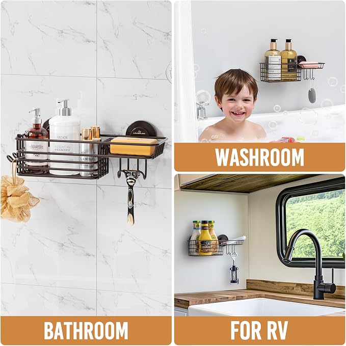LEVERLOC Shower Caddy Suction Cup, Heavy Duty Bathroom Organizer for Inside Shower with Hooks & Soap holder， NO-Drilling Bathroom Holder-Brown
