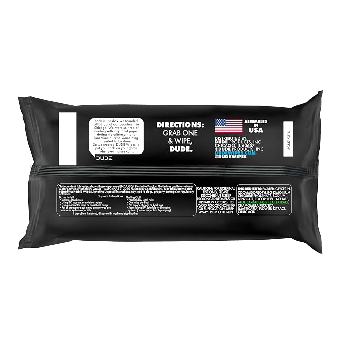 DUDE Wipes Unscented Adult Flushable Wet Wipes, Sensitive Skin, 48 Count | 1 pack of 48 extra large flushable butt wipes. Hypoallergenic plastic-free wipes. 99% water, vitamin E, aloe. Septic safe.