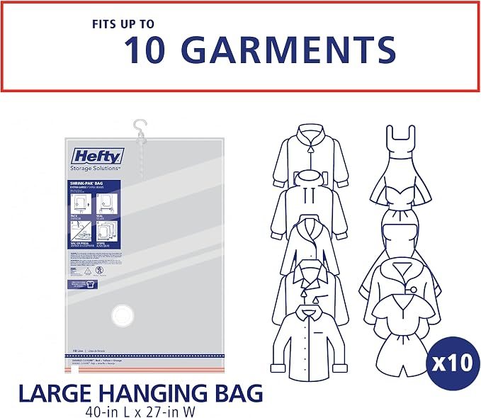 Hefty Shrink-Pak Vacuum Storage Bags - Space Saver for Under Bed Storage, Clothing and Comforters, 3X More Storage Space - 3 Large Hanging Bags