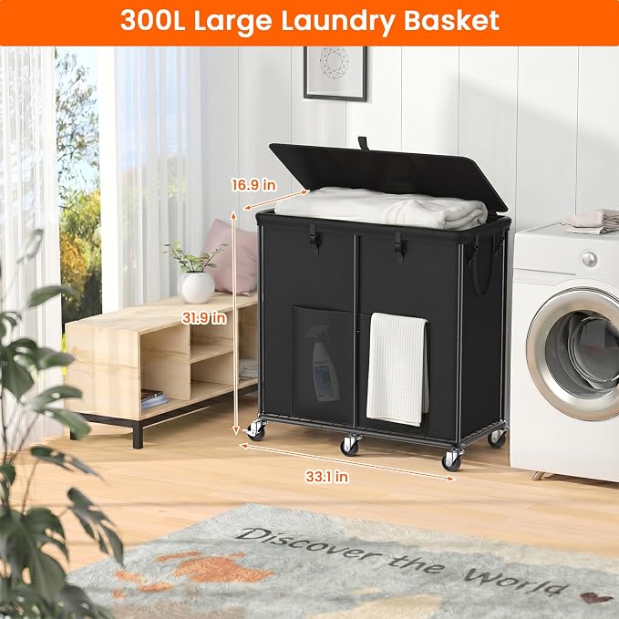 80 GAL Laundry Hamper with Lid & Wheels, Rolling Laundry Basket with Bag | Sturdy Metal Frame | Laundry Bag with Handles| Large & Tall Clothes Hampers for Laundry Room, Bedroom, Dorm, Bathroom-Black