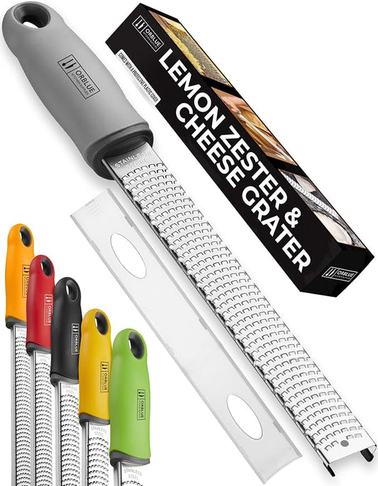 Orblue Lemon Zester & Cheese Grater - Premium Citrus Zester, Kitchen Grater for Parmesan, Chocolate, Fruits, Vegetables, Ginger, Garlic, Nutmeg - Stainless Steel Blades with Protective Cover, Gray