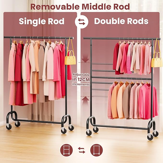 Heavy Duty Clothes Rack for Bedroom - Rolling Clothing Rack with 6-Level Adjustable Height - Lockable Wheels - Portable Garment Rack for Livingroom Laundry Closet - 600 lbs Capacity - Black