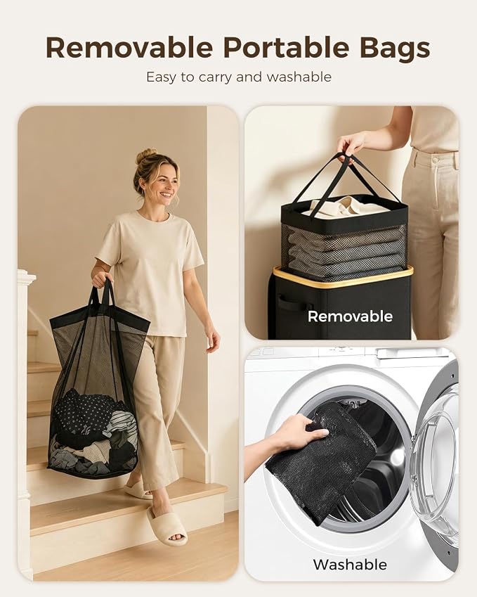 100L Laundry Hamper with Lid, Large Clothes Hamper, Black | Elegant bamboo appearance, Foot Loop, Removable Bag Easy to Lift and Carry, Bathroom, Bedroom, Laundry Room, Dorm