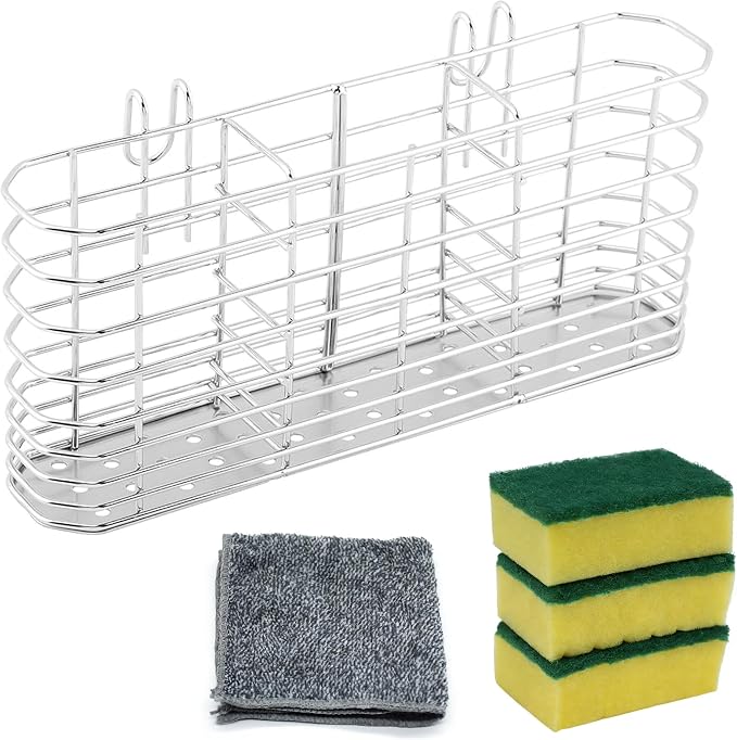 3-Compartment Utensil Holder, Drainage Basket for Kitchen | 304 Stainless Steel Hook Design Silverware Drying Rack with Three Dishwashing Sponges and a Dishcloth
