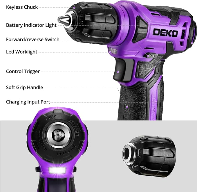 DEKOPRO Tool Set: Tool Kit with 8V Cordless Drill, Hand Toolbox with storage case, Tool set for Home Repairs 126 Piece, Purple