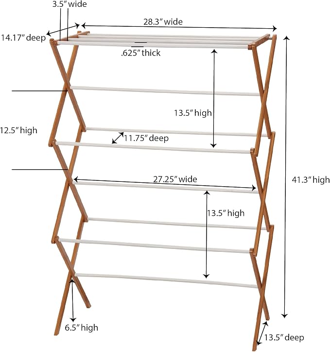 Household Essentials Bamboo Folding Clothes Drying Rack | White Finish, 11 Dowels & Flat Drying Shelf | Eco-Friendly, Collapsible Laundry Rack for Dorms, Apartments & Small Spaces | Fully Assembled